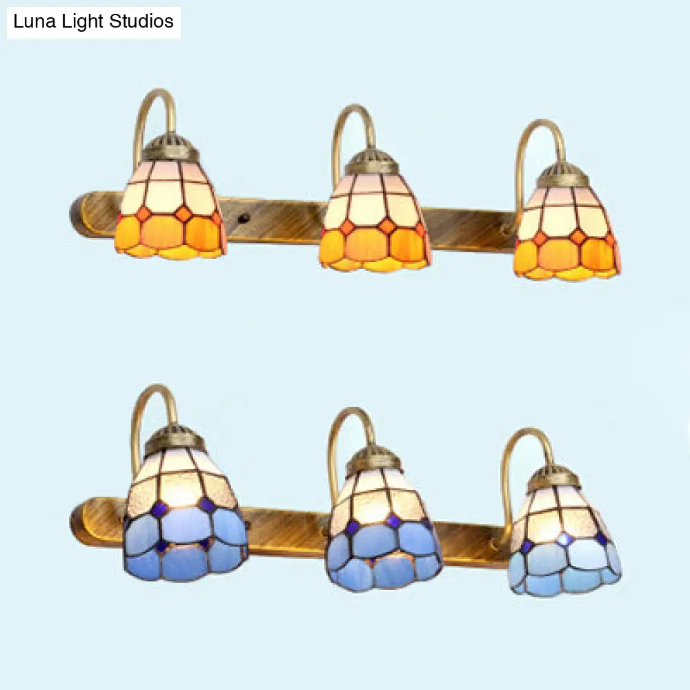 Yellow/Blue Tiffany Glass Vanity Sconce Light For Bathroom - 3 Head Wall Mounted Grid Pattern Design