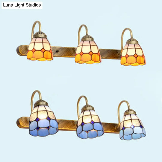 Yellow/Blue Tiffany Glass Vanity Sconce Light For Bathroom - 3 Head Wall Mounted Grid Pattern Design