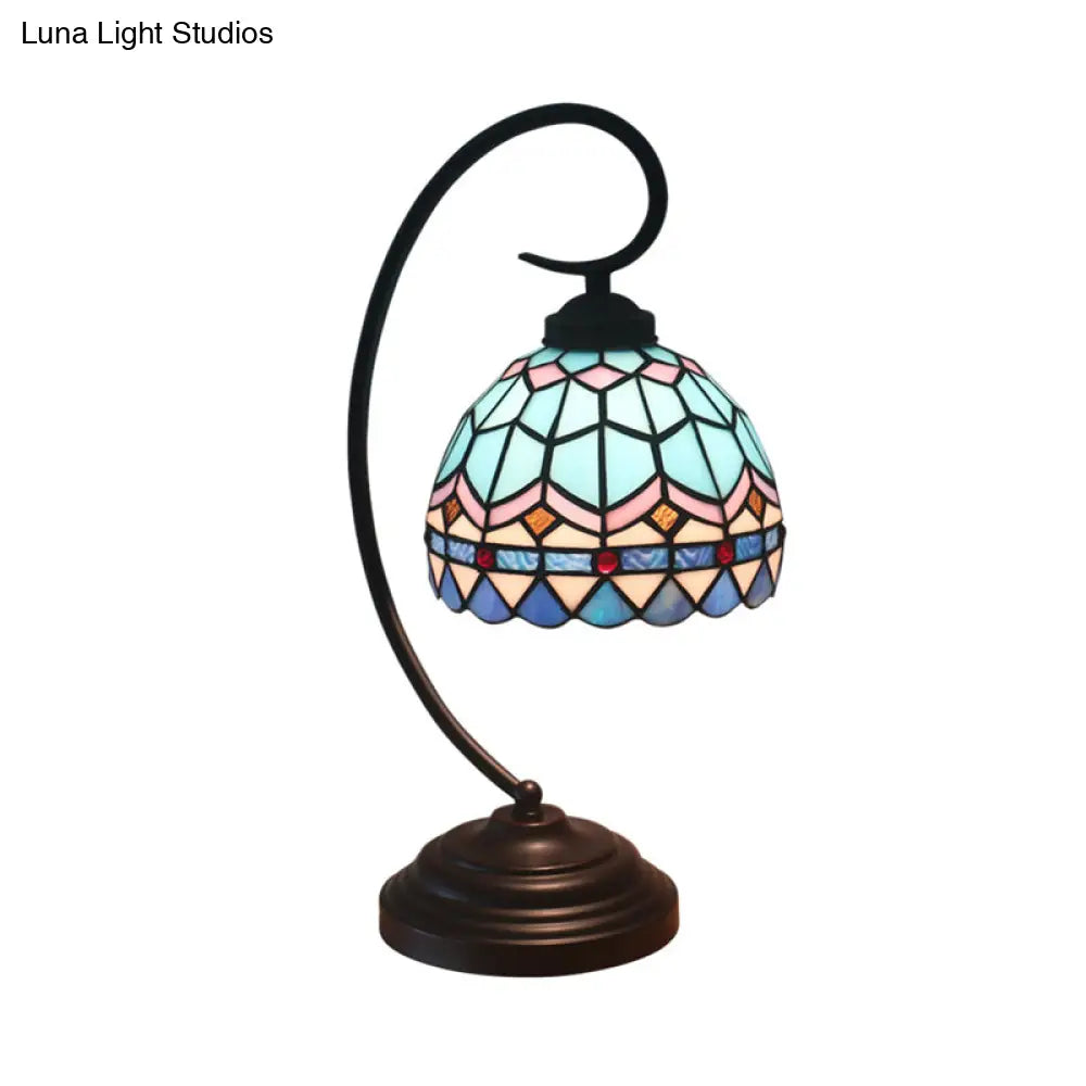 Yellow/Blue Tiffany Style Domed Nightstand Lamp - Stained Art Glass Task Lighting Curvy Arm