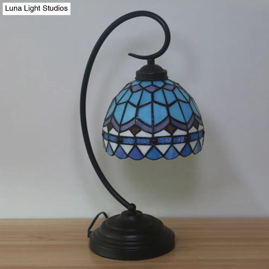 Yellow/Blue Tiffany Style Domed Nightstand Lamp - Stained Art Glass Task Lighting Curvy Arm