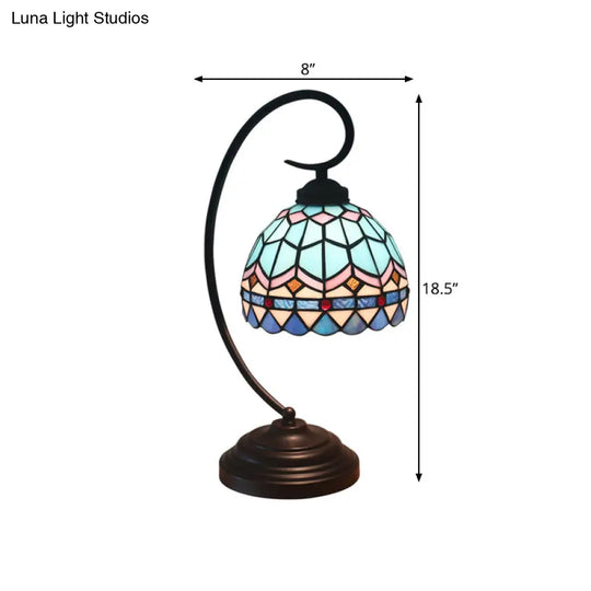 Yellow/Blue Tiffany Style Domed Nightstand Lamp - Stained Art Glass Task Lighting Curvy Arm