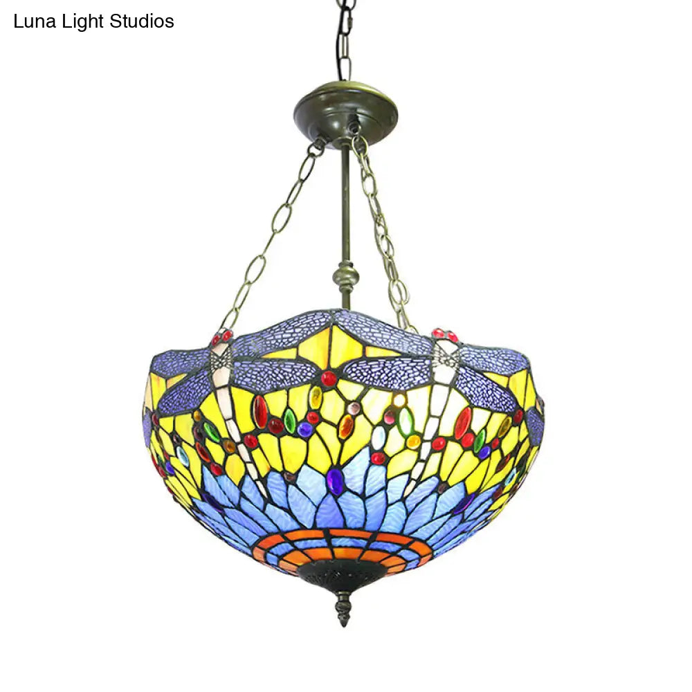 Tiffany Stained Glass Grid Dome Ceiling Light - Rustic Inverted Chandelier In Yellow/Blue For Living