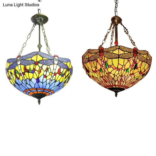 Yellow/Blue Tiffany Style Grid Dome Chandelier For Rustic Living Rooms