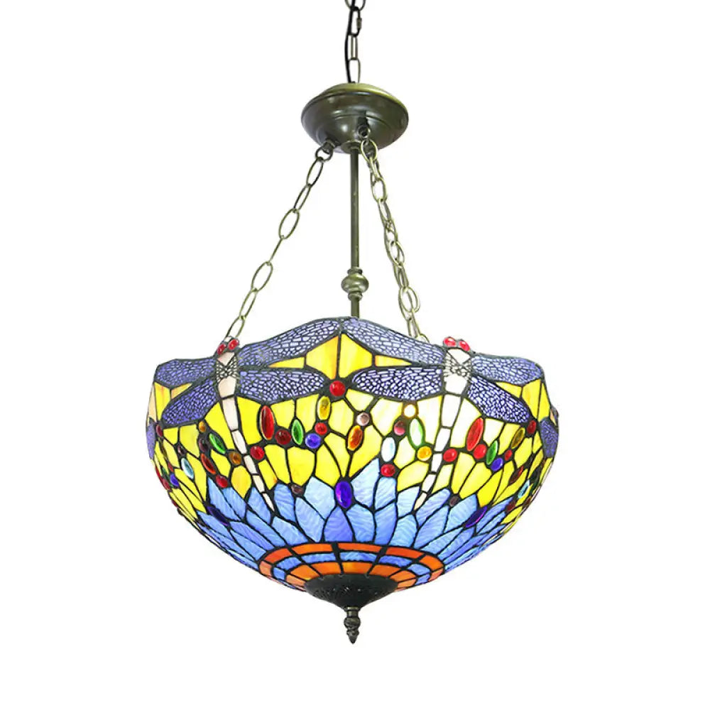 Yellow/Blue Tiffany Style Grid Dome Chandelier For Rustic Living Rooms Blue