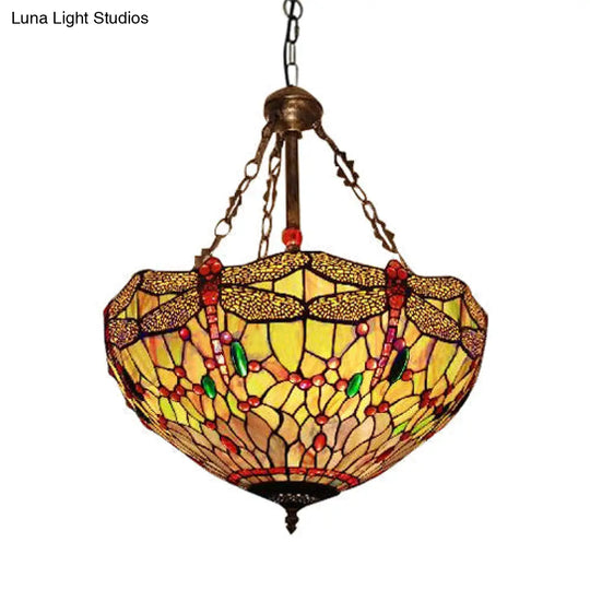 Tiffany Stained Glass Grid Dome Ceiling Light - Rustic Inverted Chandelier In Yellow/Blue For Living