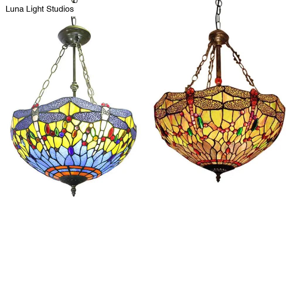 Tiffany Stained Glass Grid Dome Ceiling Light - Rustic Inverted Chandelier In Yellow/Blue For Living