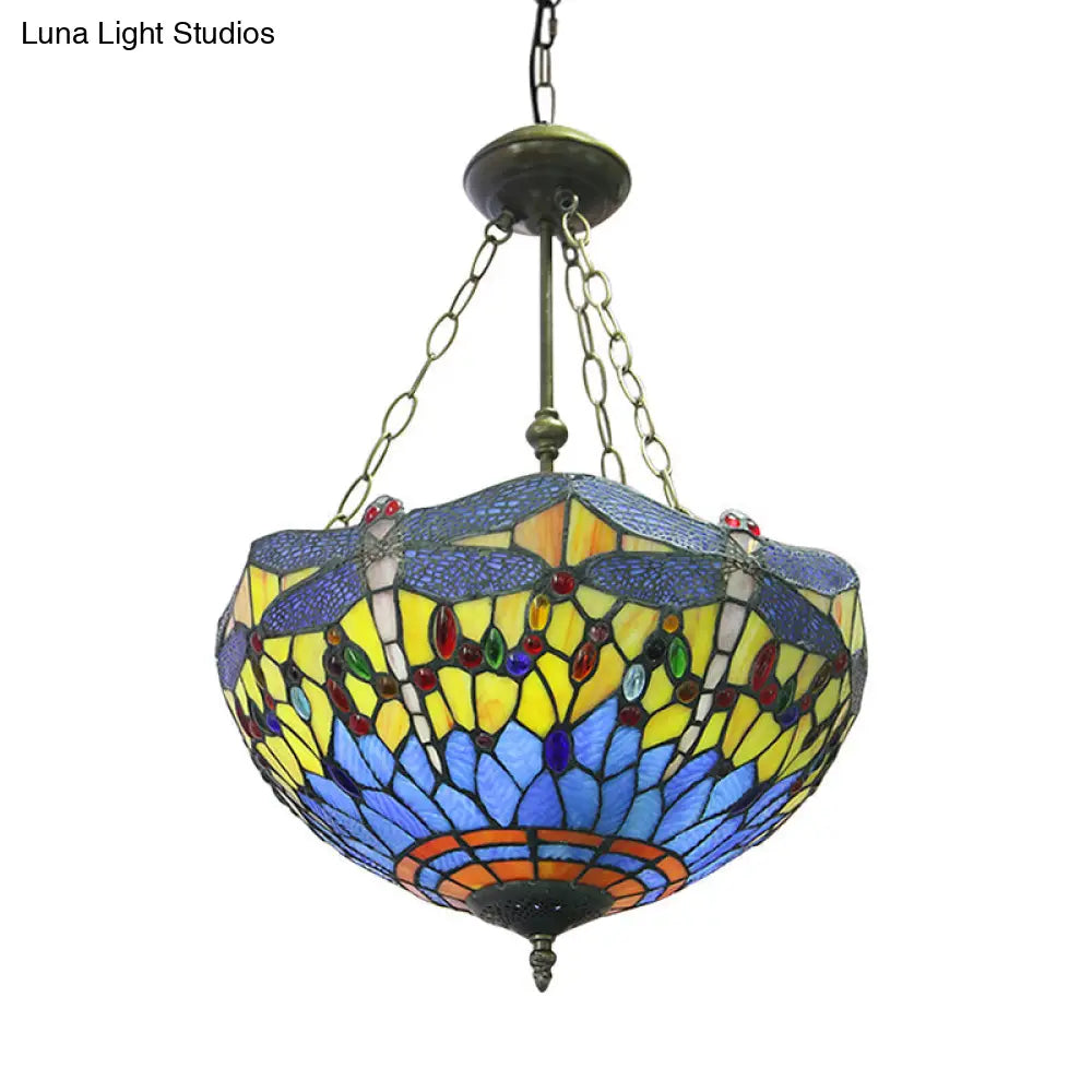 Yellow/Blue Tiffany Style Grid Dome Chandelier For Rustic Living Rooms