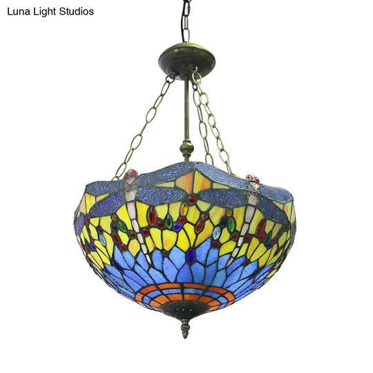 Yellow/Blue Tiffany Style Grid Dome Chandelier For Rustic Living Rooms