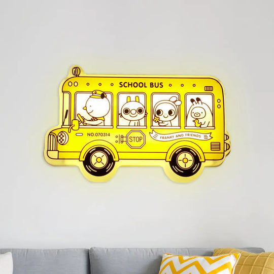 Yellow Bus Sconce Light: Cartoon Led Wall Lamp With Animal Pattern