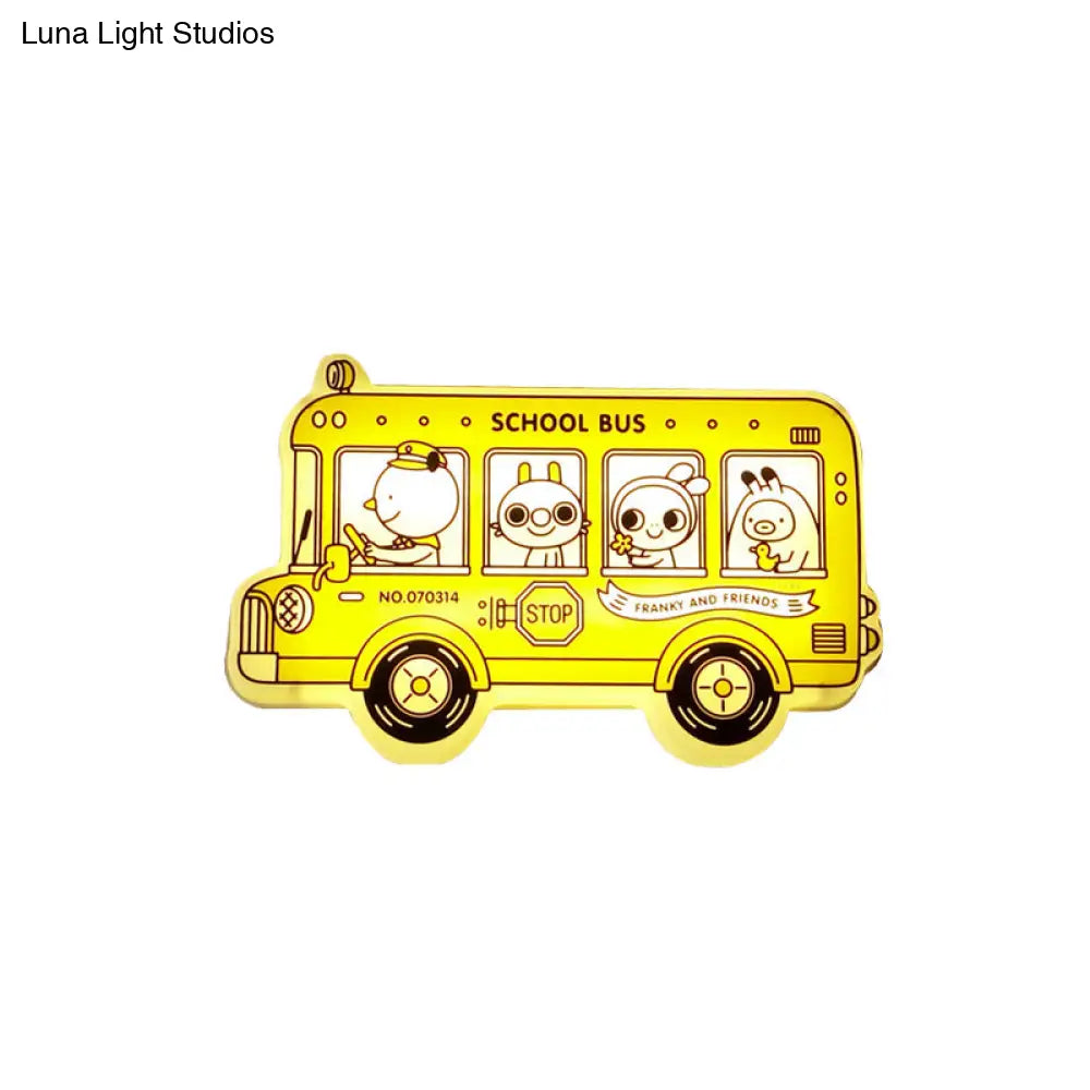 Yellow Bus Sconce Light: Cartoon Led Wall Lamp With Animal Pattern