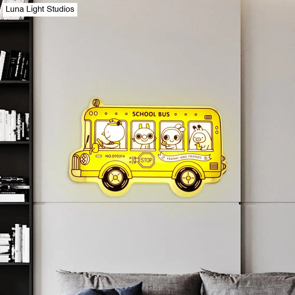 Yellow Bus Sconce Light: Cartoon Led Wall Lamp With Animal Pattern