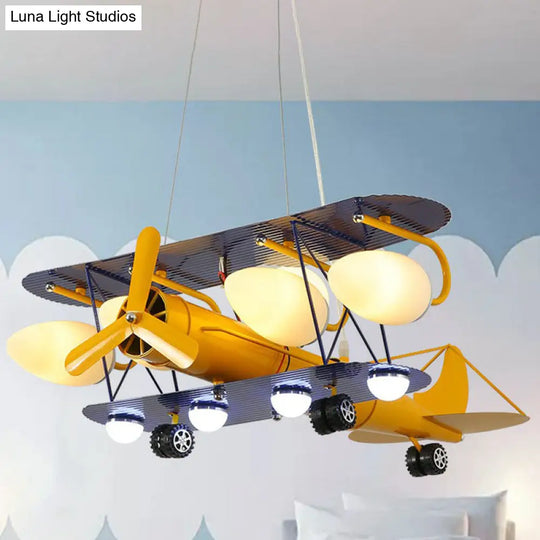 Yellow Cartoon Jet Plane Chandelier Metallic Led Hanging Light For Kindergarten