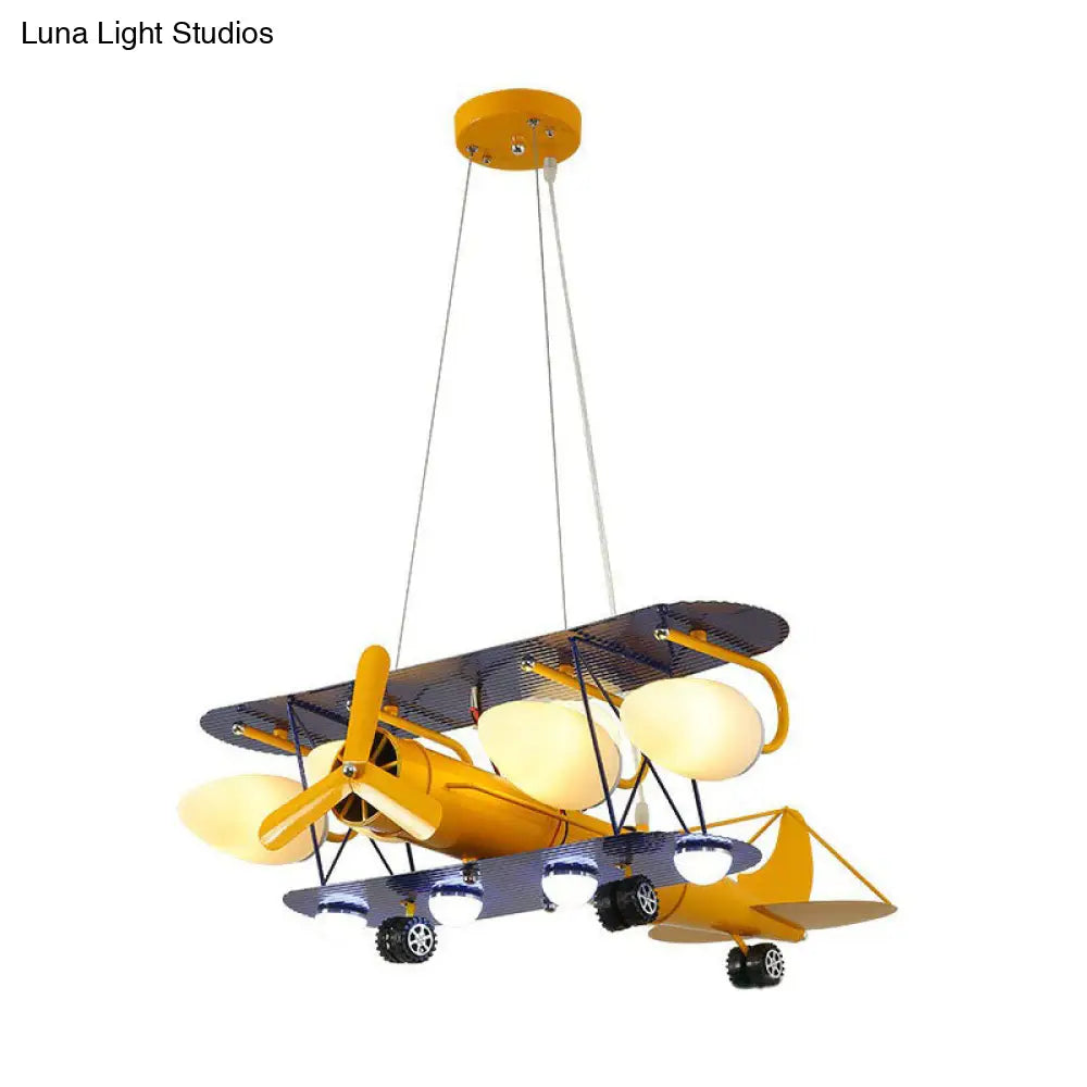 Yellow Cartoon Jet Plane Chandelier Metallic Led Hanging Light For Kindergarten