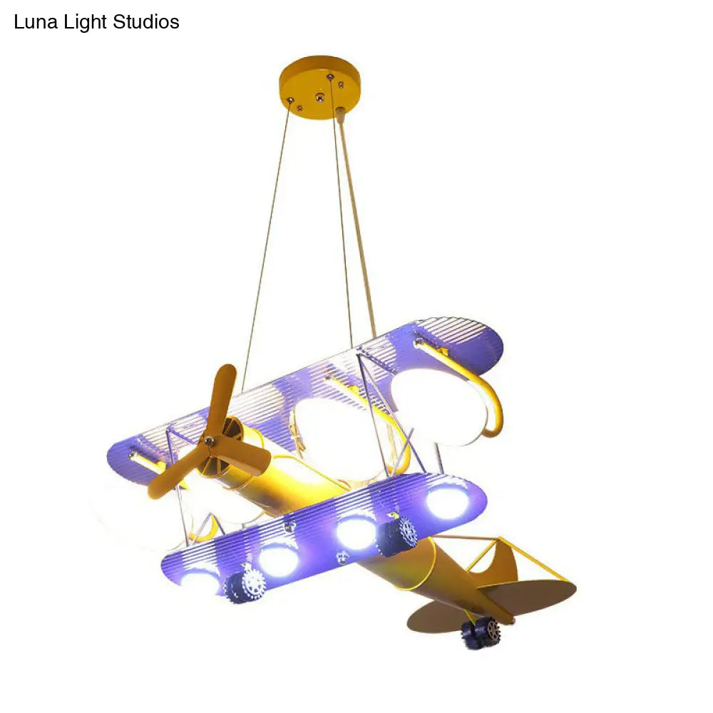 Yellow Cartoon Jet Plane Chandelier Metallic Led Hanging Light For Kindergarten