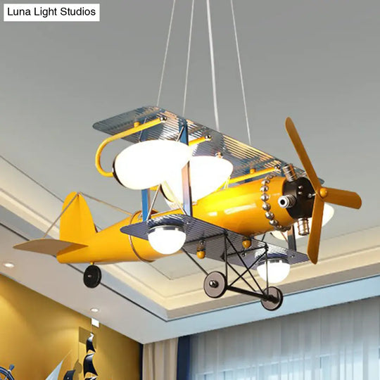 Yellow Cartoon Led Ceiling Light: Jet-Shaped Child Room Chandelier Pendant With Metallic Finish