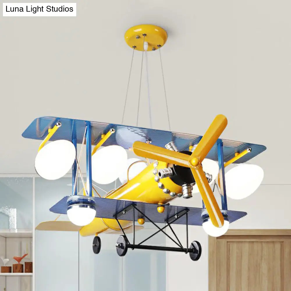 Yellow Cartoon Led Ceiling Light: Jet-Shaped Child Room Chandelier Pendant With Metallic Finish