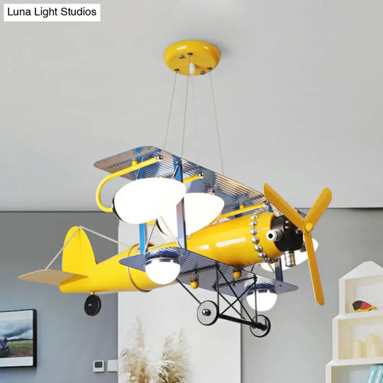 Yellow Cartoon Led Ceiling Light: Jet-Shaped Child Room Chandelier Pendant With Metallic Finish