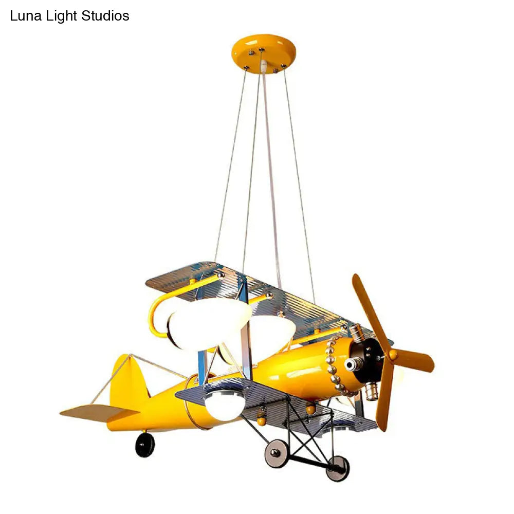 Yellow Cartoon Led Ceiling Light: Jet-Shaped Child Room Chandelier Pendant With Metallic Finish