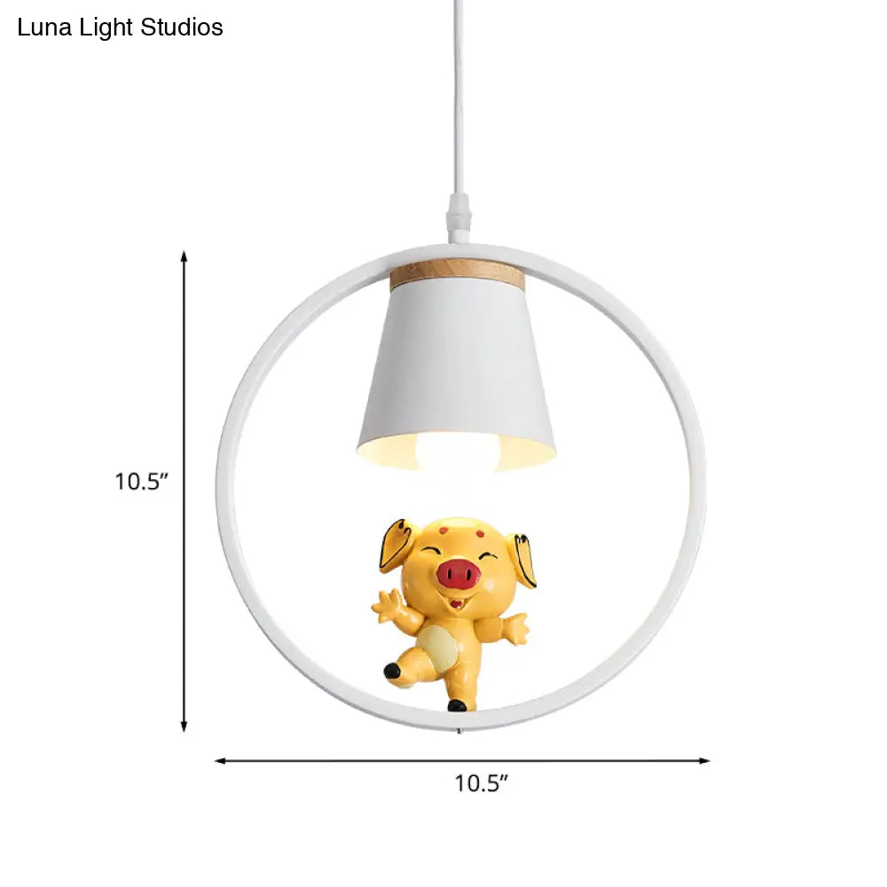 Yellow Cartoon Pig Resin Pendant Light With White Ring - 1-Light Suspension Lamp