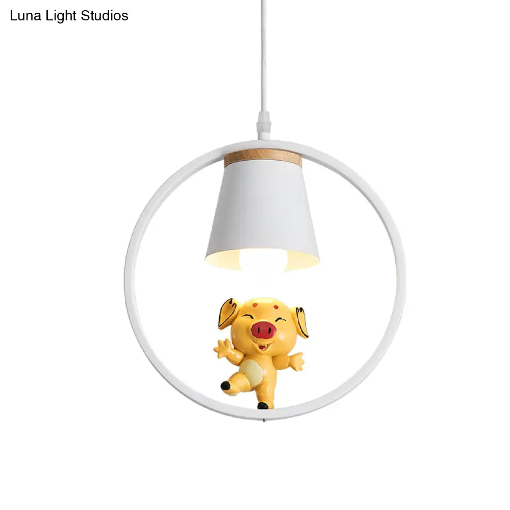 Yellow Cartoon Pig Resin Pendant Light With White Ring - 1-Light Suspension Lamp