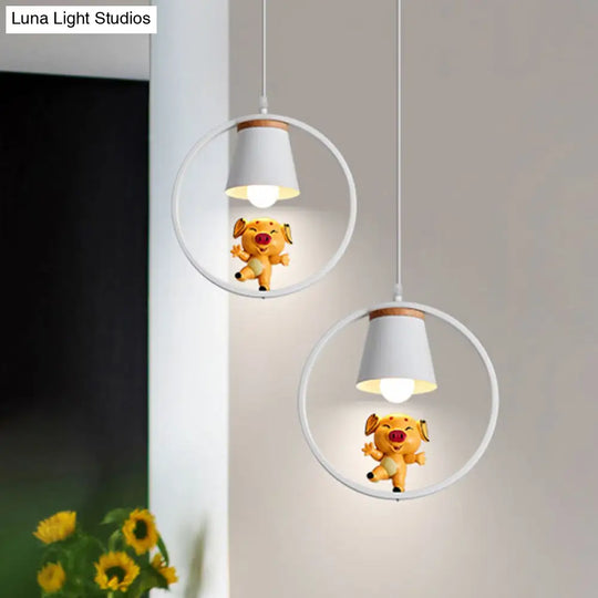 Yellow Cartoon Pig Resin Pendant Light With White Ring - 1-Light Suspension Lamp