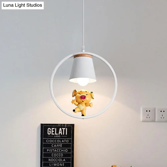 Yellow Cartoon Pig Resin Pendant Light With White Ring - 1-Light Suspension Lamp