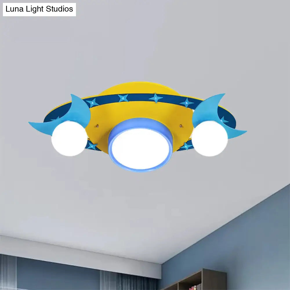 Yellow Cartoon Ufo Flush Ceiling Light Fixture For Kindergarten