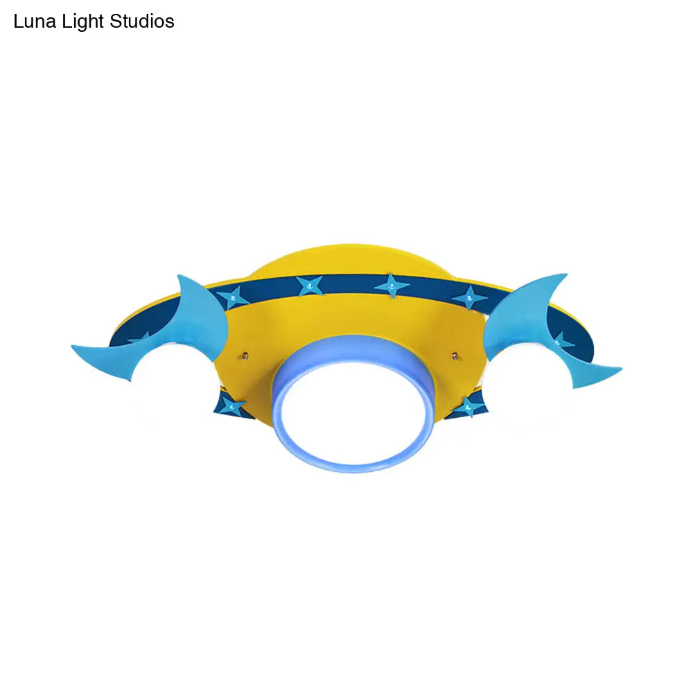 Yellow Cartoon Ufo Flush Ceiling Light Fixture For Kindergarten