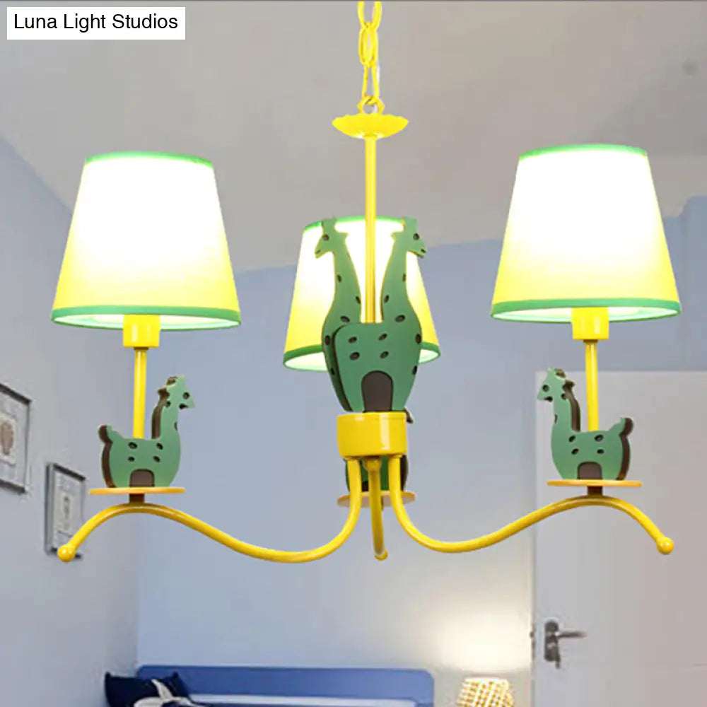 Yellow Cartoon Wood Giraffe Chandelier Light For Living Room With Tapered Shade