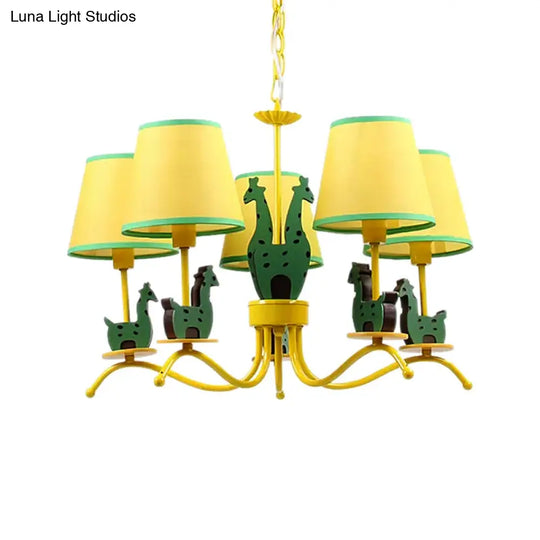 Yellow Cartoon Wood Giraffe Chandelier Light For Living Room With Tapered Shade