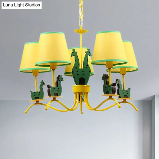 Yellow Cartoon Wood Giraffe Chandelier Light For Living Room With Tapered Shade