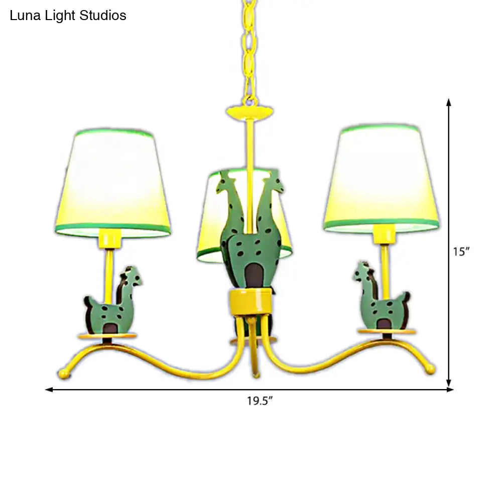 Yellow Cartoon Wood Giraffe Chandelier Light For Living Room With Tapered Shade