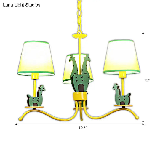 Yellow Cartoon Wood Giraffe Chandelier Light For Living Room With Tapered Shade