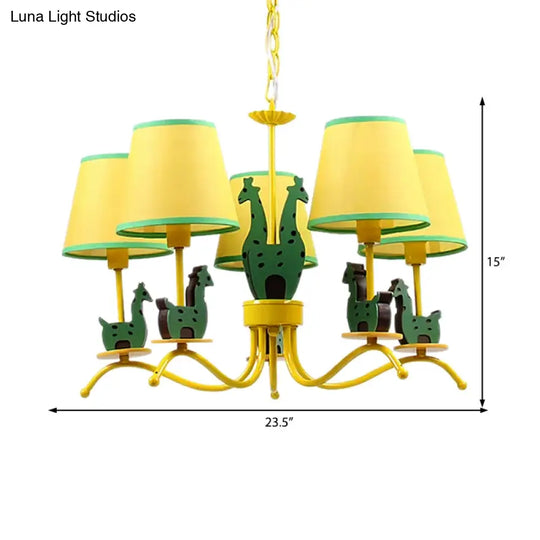 Yellow Cartoon Wood Giraffe Chandelier Light For Living Room With Tapered Shade