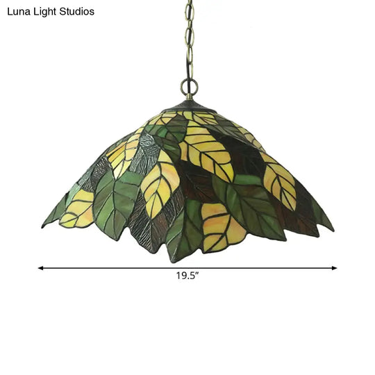 Yellow Cone Drop Pendant Ceiling Light: Art Glass With Leaf Pattern