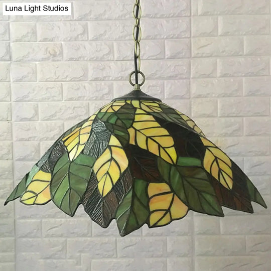 Yellow Cone Drop Pendant - Stained Glass Ceiling Light With Leaf Pattern