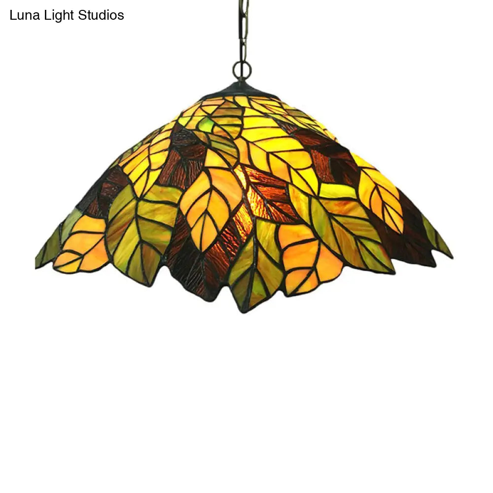 Yellow Cone Drop Pendant Ceiling Light: Art Glass With Leaf Pattern