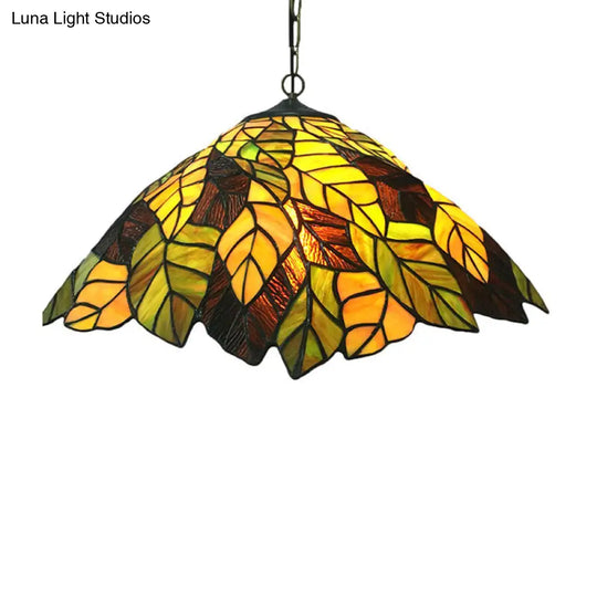 Yellow Cone Drop Pendant Ceiling Light: Art Glass With Leaf Pattern