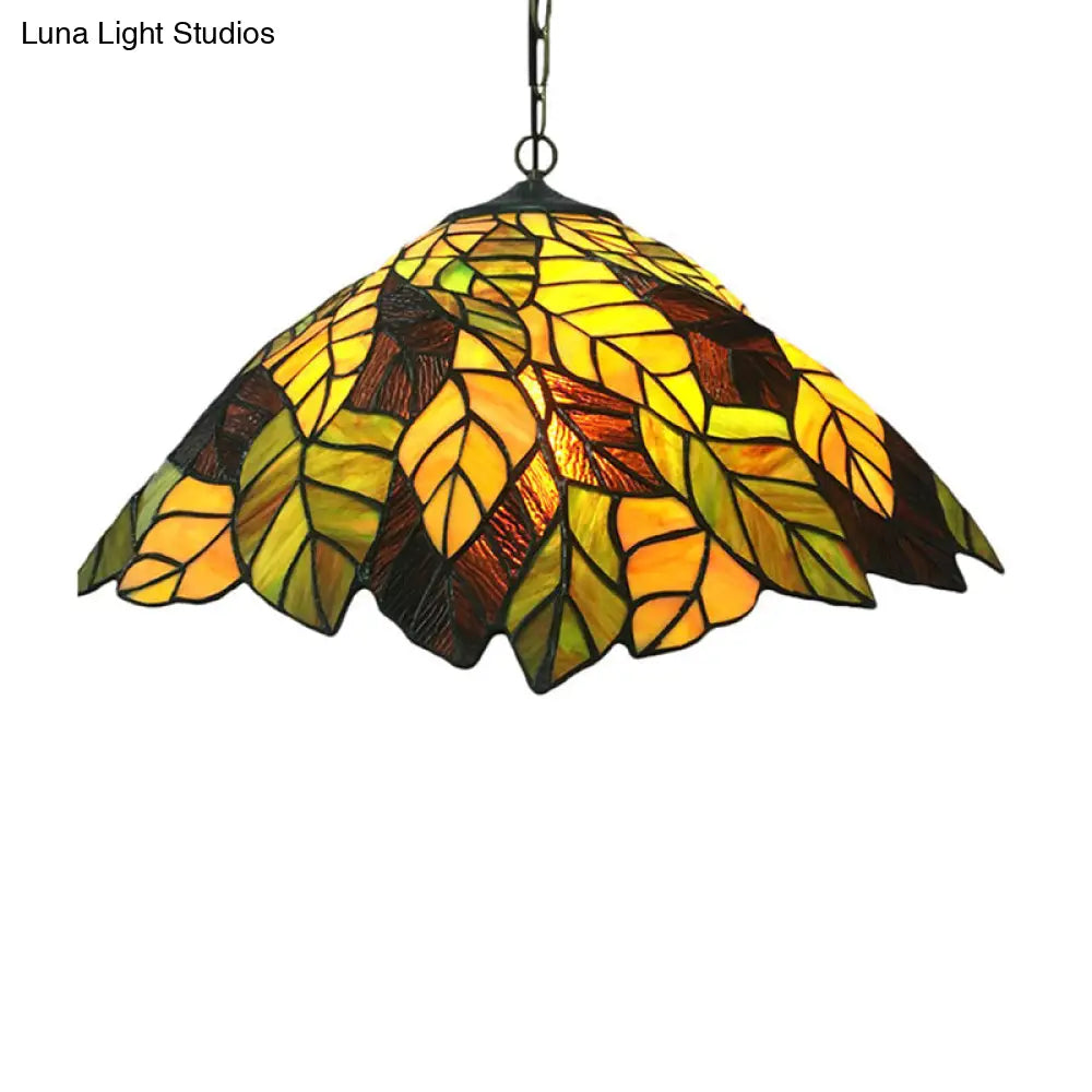 Yellow Cone Drop Pendant - Stained Glass Ceiling Light With Leaf Pattern