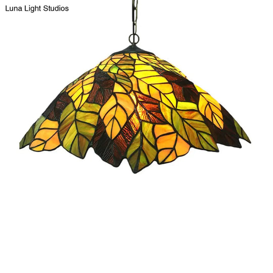 Yellow Cone Drop Pendant - Stained Glass Ceiling Light With Leaf Pattern