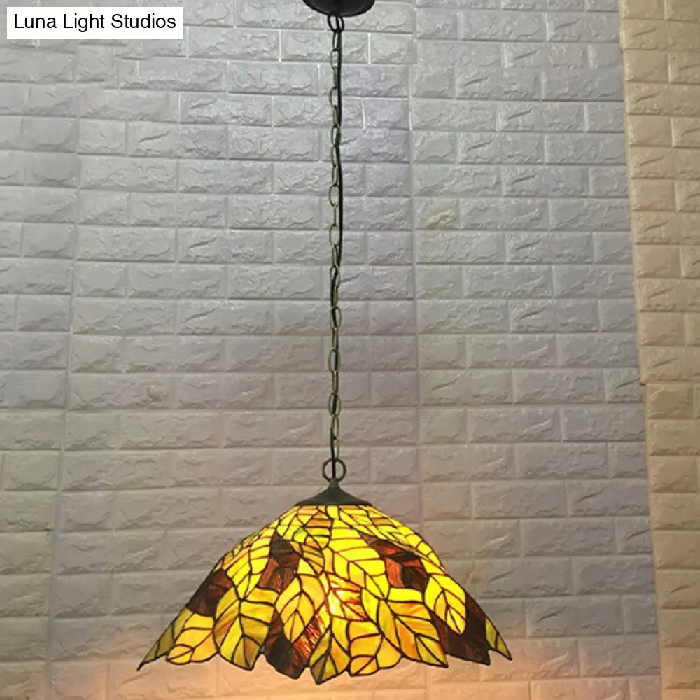 Yellow Cone Drop Pendant Ceiling Light: Art Glass With Leaf Pattern