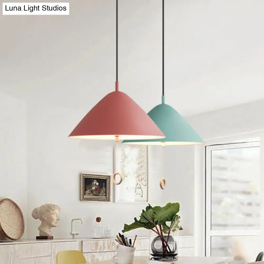 Yellow Conical Pendant Macaron Metal Lamp With Pull-Chain Suspension For Dining Room Ceiling