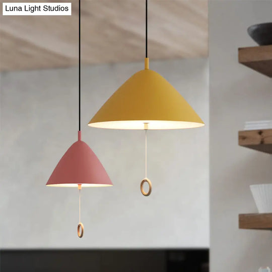 Yellow Conical Pendant Macaron Metal Lamp With Pull-Chain Suspension For Dining Room Ceiling