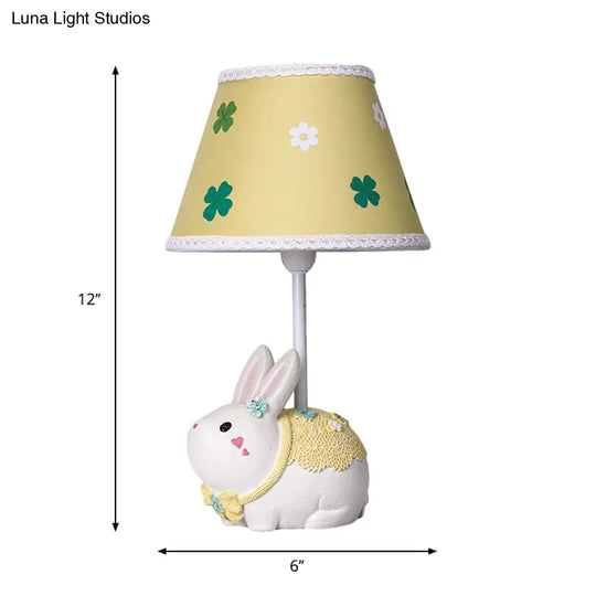 Yellow Conical Study Lamp: Cartoon Table Light With Clover Pattern & Rabbit Base