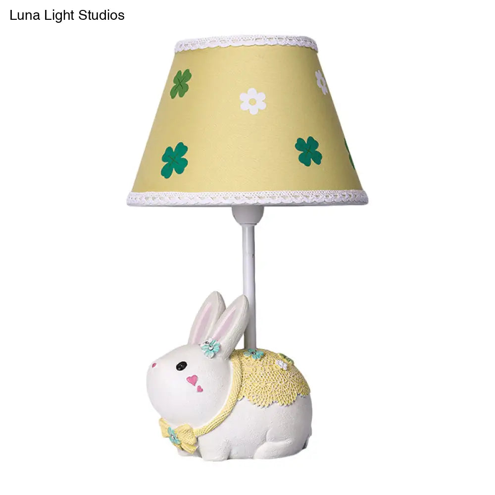 Yellow Conical Study Lamp: Cartoon Table Light With Clover Pattern & Rabbit Base