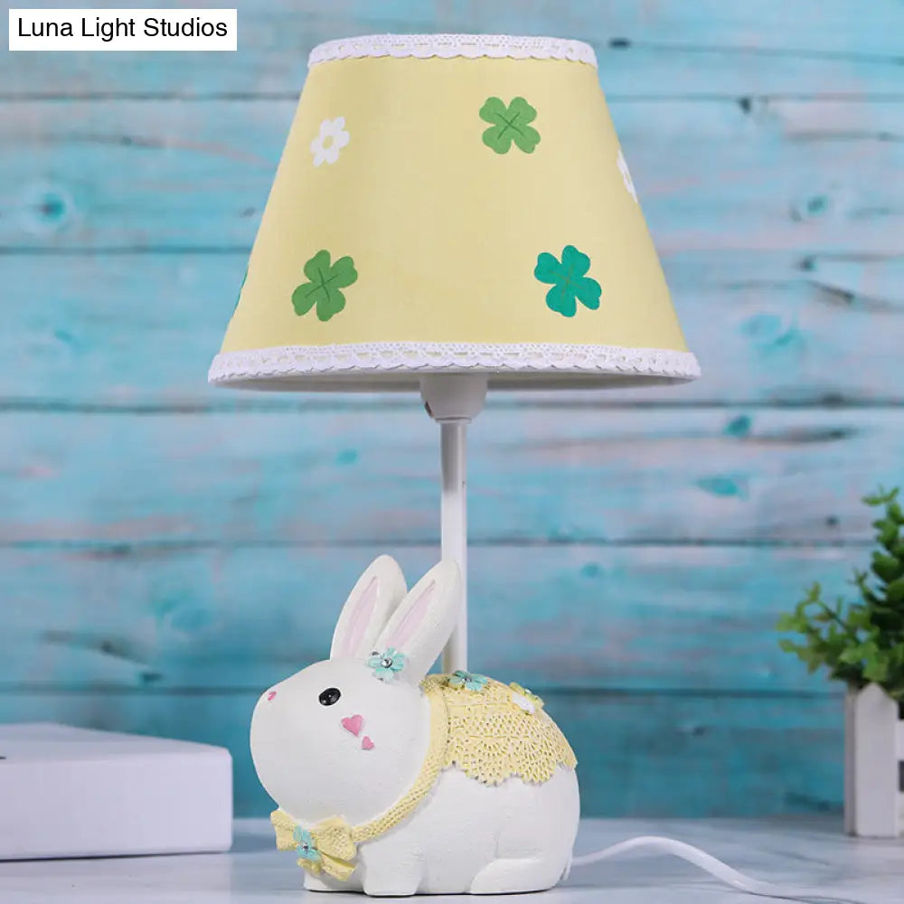 Yellow Conical Study Lamp: Cartoon Table Light With Clover Pattern & Rabbit Base