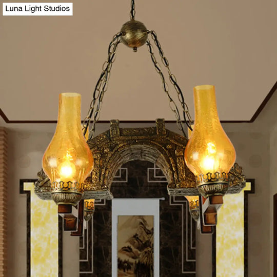 4-Light Industrial Chandelier With Yellow Crackle Glass And Bronze Pendant Lamp Vase Shade