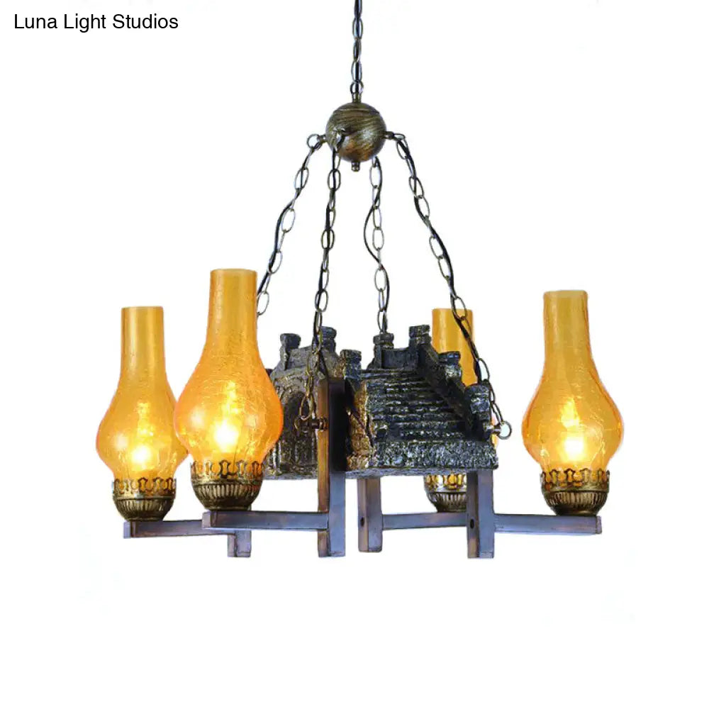 4-Light Industrial Chandelier With Yellow Crackle Glass And Bronze Pendant Lamp Vase Shade