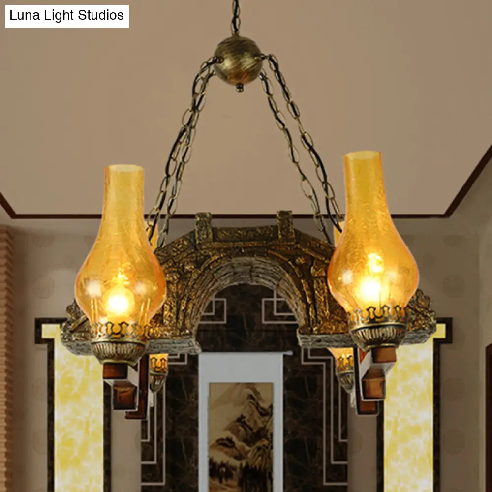 Yellow Crackle Glass Bronze Pendant Lamp With 4-Light Industrial Chandelier Design