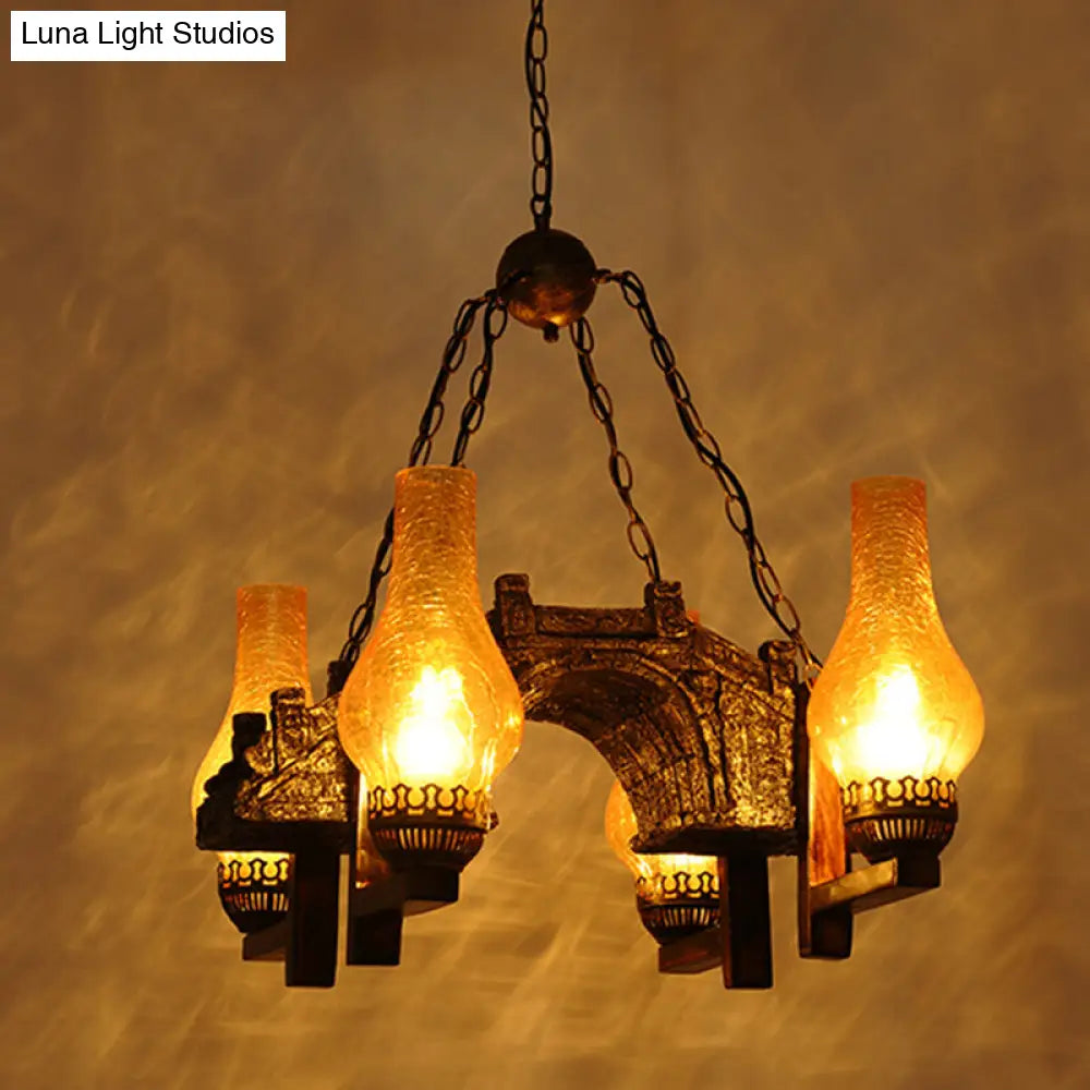 4-Light Industrial Chandelier With Yellow Crackle Glass And Bronze Pendant Lamp Vase Shade